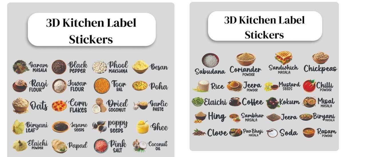 3D Waterproof Kitchen Spice Jar Label Stickers (Pack of 1 - 60 Stickers) - ZenGoods